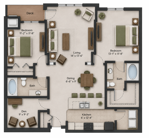 Floor plan for 2 beds, 2 baths, 1298 sqft